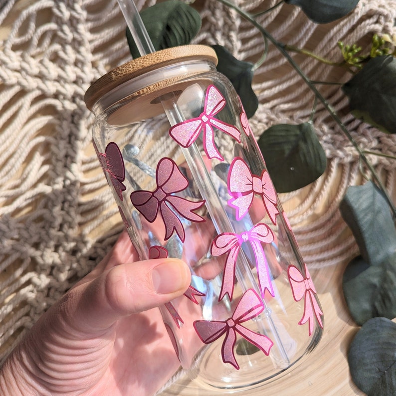 Pretty Pink Bows 16oz Glass Can Cup or 17oz Glass Mug With Bamboo Lid ...