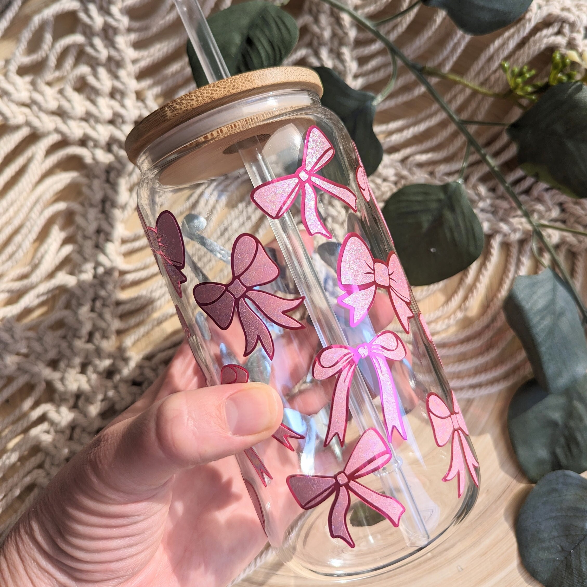 Pretty Pink Bows 16oz Glass Can Cup or 17oz Glass Mug With Bamboo Lid ...