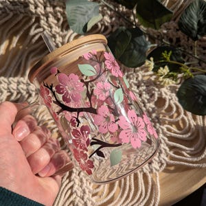 Cherry Blossom 16oz glass cup or 17oz glass mug with bamboo lid & reusable plastic straw