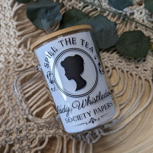 Lady Whistledown Spill the Tea Society Pages Bridgerton theme on 16oz glass cup or 17oz glass mug with bamboo lid & straw. Bridgerton cup