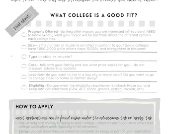 May include: A college planning guide with the title "COLLEGE PLANNING" in large, bold letters. The guide provides tips on choosing a college and how to apply, including information on majors, size, cost, and eligibility. The text is in black font on a white background.