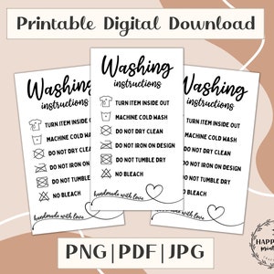 Printable Washing Instructions Tag, Shirt Care Card for Tagging, Clothing Care Instructions Ready to Print, PDF PNG JPG Digital Download