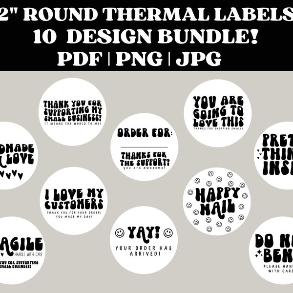 Round Thermal Printer Label Bundle, 2" Thermal Sticker Designs PNG for Small Business Owners, Mail Packaging Labels for Thermal Printer