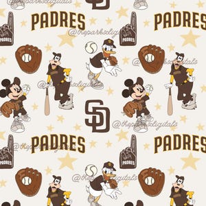May include: A repeating pattern featuring the San Diego Padres logo, stars, and cartoon characters like Mickey Mouse, Donald Duck, and Goofy in baseball uniforms. The word "PADRES" is also featured.