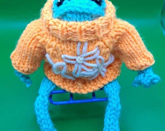 Frog Plushie With Sweater Custom Made Hand Knit