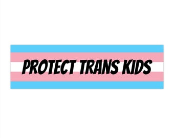 May include: A blue, pink, and white transgender pride flag with the text "PROTECT TRANS KIDS" in black bold letters.