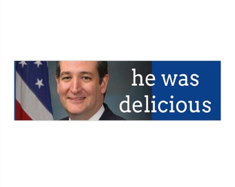May include: A blue and white banner with the text "he was delicious" and a photo of a man in a suit with the American flag in the background.