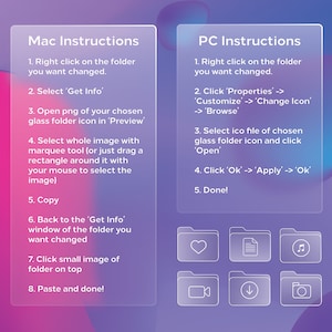 Op de afbeelding: Een visuele handleiding met instructies over het veranderen van een mapicoon op een Mac en PC. De handleiding bevat een lijst met stappen en pictogrammen die verschillende maptypen voorstellen, zoals muziek, documenten en video's.