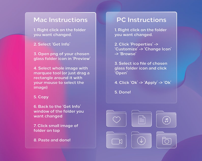 Op de afbeelding: Een visuele handleiding met instructies over het veranderen van een mapicoon op een Mac en PC. De handleiding bevat een lijst met stappen en pictogrammen die verschillende maptypen voorstellen, zoals muziek, documenten en video's.