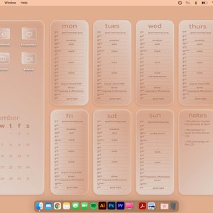 Op de afbeelding: Een computerscherm dat een bureaublad weergeeft met een kalender voor december, een weekplanner en een notitiesectie. De notitiesectie bevat een lijst met taken voor de maand, waaronder "Kerstinkopen deze zaterdag om 13:00 uur", "Nomineren om te kiezen voor de kerstvakantie" en "Cadeau-uitwisseling op 23 december".