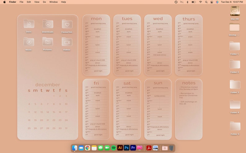 Op de afbeelding: Een computerscherm dat een bureaublad weergeeft met een kalender voor december, een weekplanner en een notitiesectie. De notitiesectie bevat een lijst met taken voor de maand, waaronder "Kerstinkopen deze zaterdag om 13:00 uur", "Nomineren om te kiezen voor de kerstvakantie" en "Cadeau-uitwisseling op 23 december".