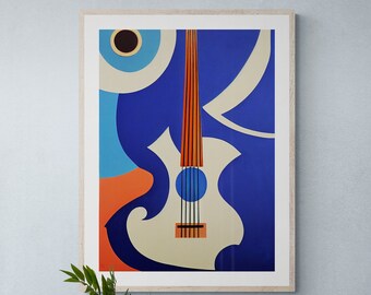 Acoustic Guitar Art Print #2 Original Modern Abstract Painting, Royal Blue and Peach