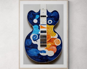 Starry Night Electric Guitar Art Print, Original Modern Painting. Van Gogh Inspired, Royal Blue & Peach