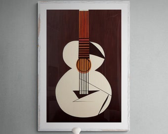 Acoustic Guitar Art Print #14 Original Modern Abstract Painting, Black, Off-White & Walnut Brown