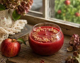 Puede incluir: Una vela en un cuenco de cristal redondo relleno de cera roja intensa, con una mecha central y una disposición circular de pétalos de flores secas en la superficie. La vela está sobre una superficie de madera junto a una manzana roja.