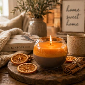 May include: A burning candle in a glass jar with orange and brown wax sits on a wooden tray with dried orange slices and cinnamon sticks. A ceramic mug and a sign saying "home sweet home" are also on the tray. A warm, inviting scene.