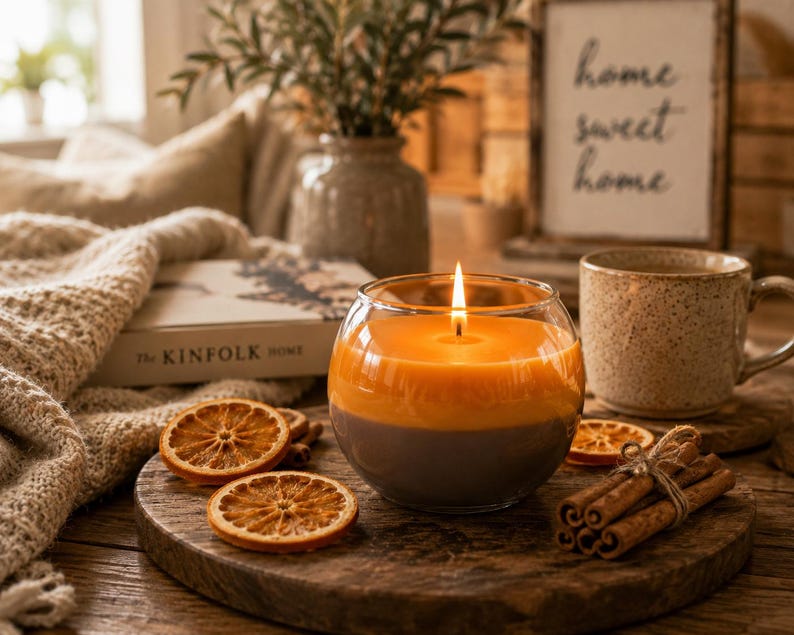 May include: A burning candle in a glass jar with orange and brown wax sits on a wooden tray with dried orange slices and cinnamon sticks. A ceramic mug and a sign saying "home sweet home" are also on the tray. A warm, inviting scene.