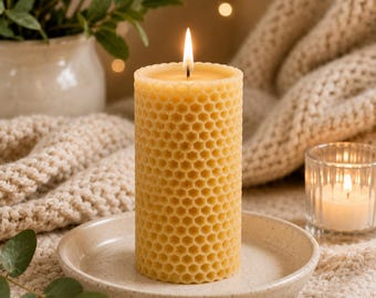 Honeycomb Beeswax Pillar Candle | Pure Natural Honey Scent, Rustic Home Décor