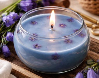 Candela di soia Bluebell in ciotola di vetro / Fragranza botanica primaverile, ecologica, colata a mano