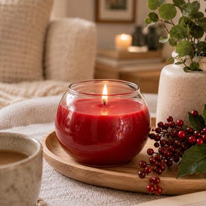 May include: A lit, round, red candle in a clear glass jar sits on a wooden tray. The candle is surrounded by a neutral-toned setting with a cup of coffee, a vase with greenery, and a book. The candle flame is bright.