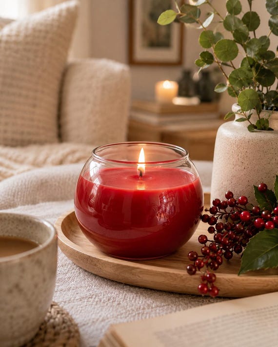 Holly Berry Organic Wax Candle, Cozy Home Fragrance