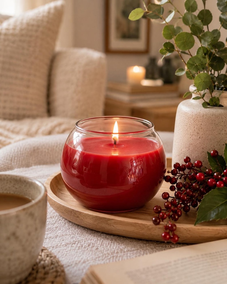 May include: A lit, round, red candle in a clear glass jar sits on a wooden tray. The candle is surrounded by a neutral-toned setting with a cup of coffee, a vase with greenery, and a book. The candle flame is bright.