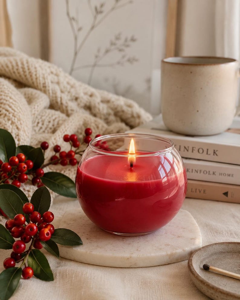May include: A lit, round, red candle in a clear glass container. The candle sits on a white marble coaster, with a sprig of red berries and a beige mug in the background. A cozy, warm aesthetic.