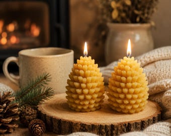 Set of 2 Pine Cone Beeswax Candles | Woodland Rustic Decor, Natural Honey Scent