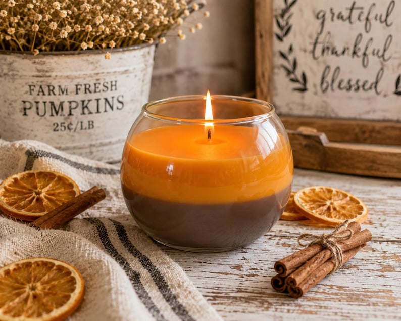 May include: A lit, two-tone candle in a clear glass bowl. The candle is orange on top and brown on the bottom. Dried orange slices and cinnamon sticks are arranged around the candle. A small bucket with the text "FARM FRESH PUMPKINS 25&cent;/LB" is in the background.