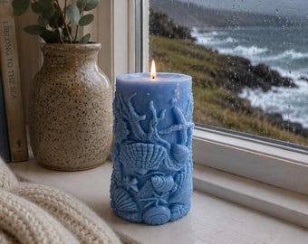 Arran Tides Scented Organic Soy Wax Seashell Pillar Candle – Handmade on the Isle of Arran