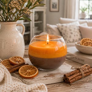 May include: A burning candle in a glass jar, with orange and brown wax. Dried orange slices, cinnamon sticks, and a vase of foliage are arranged nearby. A home decor scene with a warm, inviting atmosphere.
