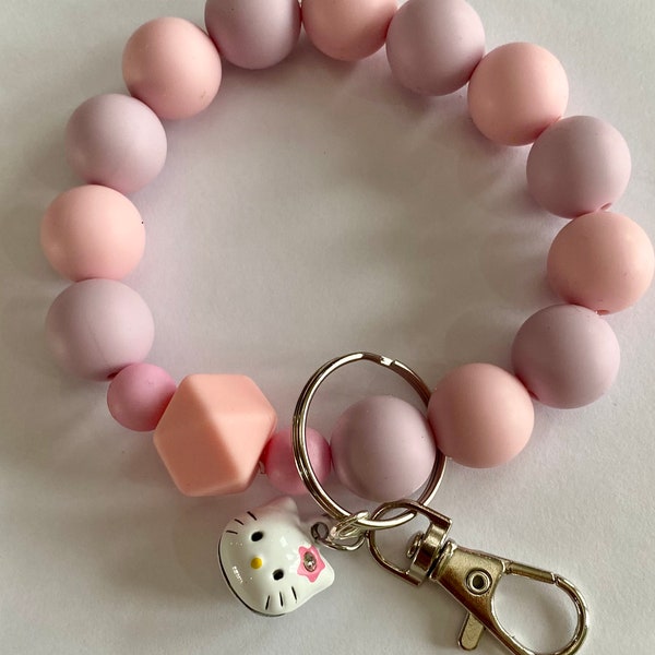 Bracelet porte-clés élastique avec clochette hello kitty et mousqueton