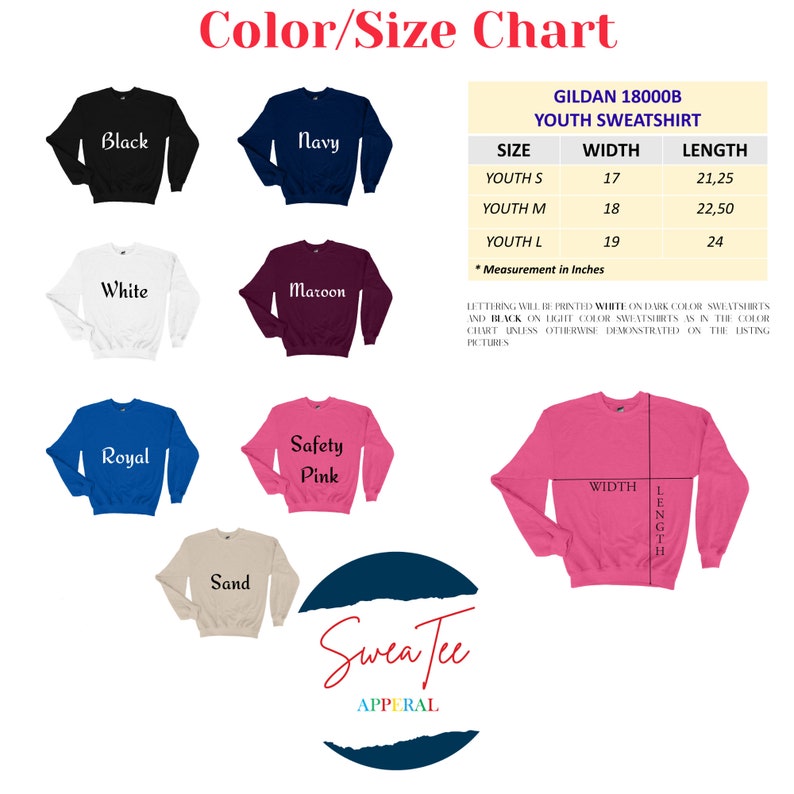 the color chart for a youth's long - sleeved t - shirt