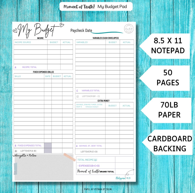 Budget Notepad, Printed Budget Sheet, Paycheck Budget, Budget Planner ...