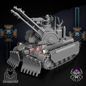 Könnte beinhalten: Graues, detailliertes Modell eines Kriegstanks mit großen Kanonen, einem Maschinengewehr und einem Fahrer. Der Panzer hat ein Frontschild, Ketten und mehrere Lichter. Der Text "pre-supported" ist unten sichtbar.