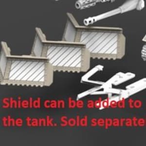 Könnte beinhalten: Drei graue Metall-Panzerabdeckungen mit einer strukturierten Oberfläche und einem weißen Streifenmuster. Die Abdeckungen sind so konzipiert, dass sie an einen Panzer angebracht werden können.  Schild kann an den Panzer angebracht werden. Separat erhältlich.