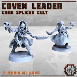 Könnte beinhalten: Zwei graue Miniaturfiguren, eine mit einer Waffe und einer gezahnten Klinge, die andere mit einer Waffe und einer Klinge. Der Text oben lautet "COVEN LEADER CODE SPLICER CULT". Der Text unten lautet "2 MODULAR ARMS". Das Print Minis-Logo befindet sich unten rechts.