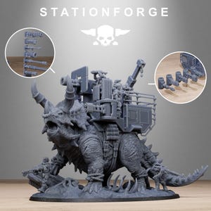 May include: A detailed grey miniature of a dinosaur-like creature with a mounted platform, weaponry, and figures. The image includes the text "STATIONFORGE" and a skull logo. Additional weapon components are shown in circular insets.