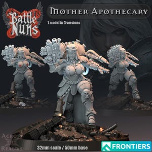 Könnte beinhalten: Graue Miniaturfigur einer Kriegerin aus der "Battle Nuns" Serie, die eine große Waffe hält. Die Figur ist detailliert mit Rüstung, einem Kreuz und Totenkopf-Akzenten. Der Text "Mother Apothecary" und "1 Modell in 3 Versionen" ist enthalten.