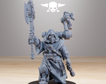 May include: A gray plastic miniature figure of a hooded figure with a gas mask, holding a large axe and a mechanical arm with a gun. The figure is standing on a black base. The figure is a part of a tabletop game.