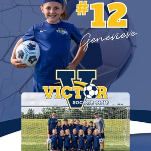 May include: A young girl wearing a blue soccer jersey with the word "VICTOR" on it and a headband holds a soccer ball. She is standing in front of a soccer net with the number "12" and the name "Genevieve" written in yellow. The image also includes a team photo of young girls in blue soccer uniforms standing in front of a soccer goal.