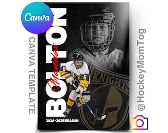 May include: A black and white photo of a hockey player wearing a black helmet and a white and gold jersey with the number 6 on it. The player is holding a hockey stick and is skating on the ice. The photo is set against a black background with the word "BOITON" in white letters and the text "2024-2025 SEASON" in white letters. The photo also includes a black and gold logo with the word "KNIGHTS" in gold letters.