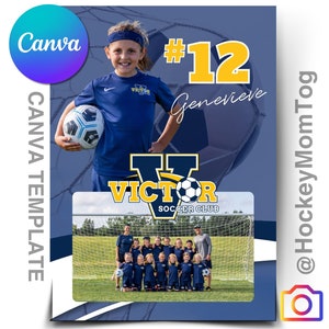 Peut inclure: Uniforme de football bleu et jaune avec le texte "Victor Soccer Club" et un ballon de football. Une jeune fille portant l'uniforme tient un ballon de football et sourit à la caméra. Le texte "#12 Genevieve" est dans le coin supérieur droit de l'image.