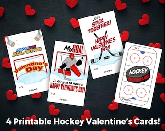 May include: Four printable hockey-themed Valentine's Day cards. The cards feature hockey-related illustrations and text such as "Have an All-Star Valentine's Day", "My Goal is for you to have a Happy Valentine's Day", "Let's Stick Together! Happy Valentine's Day", and "Hockey Valentine's Day!"