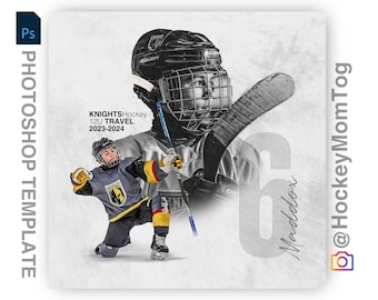 Peut inclure: Une photo en noir et blanc d'un jeune joueur de hockey portant un chandail noir et or avec le numéro 6 sur le devant. Le joueur est agenouillé sur la glace avec un bâton de hockey à la main. Le texte "KNIGHTS Hockey 12U TRAVEL 2023-2024" est dans le coin supérieur gauche de l'image. Le texte "Maddox" est dans le coin inférieur droit de l'image. Le texte "@HockeyMomTog" est dans le coin supérieur droit de l'image.