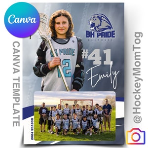 May include: A lacrosse player in a white and blue jersey with the text "BH Pride Lacrosse" and the number "41" on it. The player is holding a lacrosse stick and is looking at the camera. The text "Emily" is written in cursive below the number. A group photo of a lacrosse team is in the bottom left corner of the image. The text "2024 Season" is written vertically on the left side of the image.