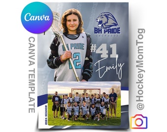 May include: A lacrosse player in a white and blue jersey with the text "BH Pride Lacrosse" and the number "41" on it. The player is holding a lacrosse stick and is looking at the camera. The text "Emily" is written in cursive below the number. A group photo of a lacrosse team is in the bottom left corner of the image. The text "2024 Season" is written vertically on the left side of the image.