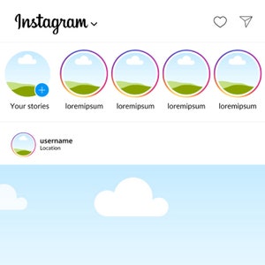 K&ouml;nnte beinhalten: Instagram-App-Bildschirm mit einem blauen Himmelhintergrund und f&uuml;nf kreisf&ouml;rmigen Bildern eines gr&uuml;nen Feldes mit einer wei&szlig;en Wolke. Die Bilder sind mit "Deine Stories", "lorem ipsum", "lorem ipsum", "lorem ipsum" und "lorem ipsum" beschriftet.