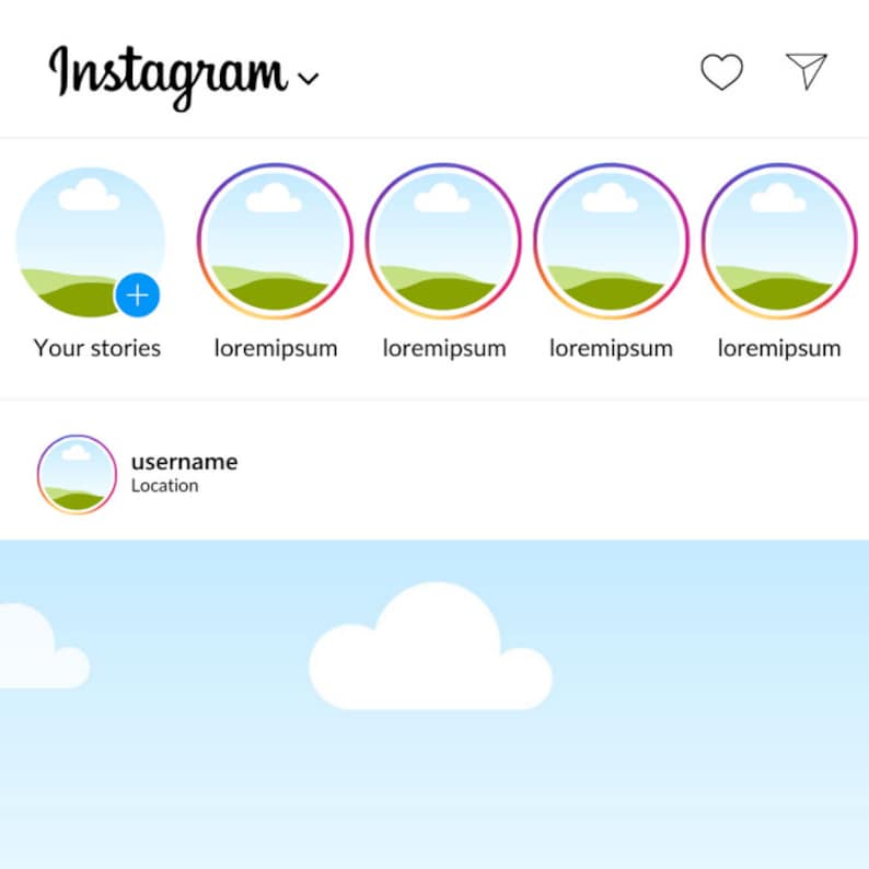 K&ouml;nnte beinhalten: Instagram-App-Bildschirm mit einem blauen Himmelhintergrund und f&uuml;nf kreisf&ouml;rmigen Bildern eines gr&uuml;nen Feldes mit einer wei&szlig;en Wolke. Die Bilder sind mit "Deine Stories", "lorem ipsum", "lorem ipsum", "lorem ipsum" und "lorem ipsum" beschriftet.