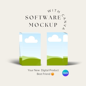 Könnte beinhalten: Mockup einer Software-Box mit einem Design aus grünem Hügel und blauem Himmel. Der Text "SOFTWARE MOCKUP WITH CANVA" befindet sich oben im Bild. Der Text "Your New Digital Product Best Friend" befindet sich unten im Bild.